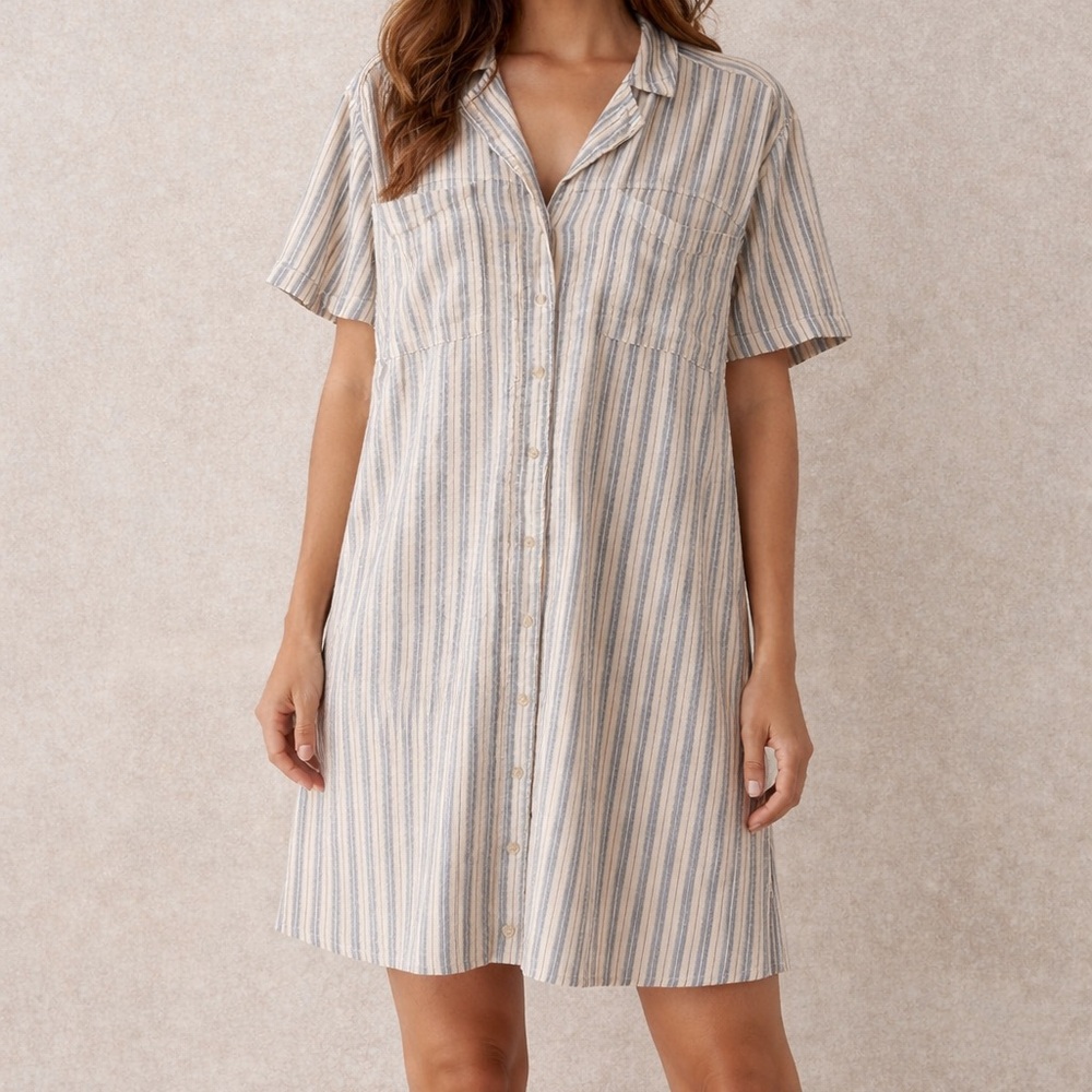 Universal Thread Striped Shirt Dress Button Front Casual Coastal Midi Large